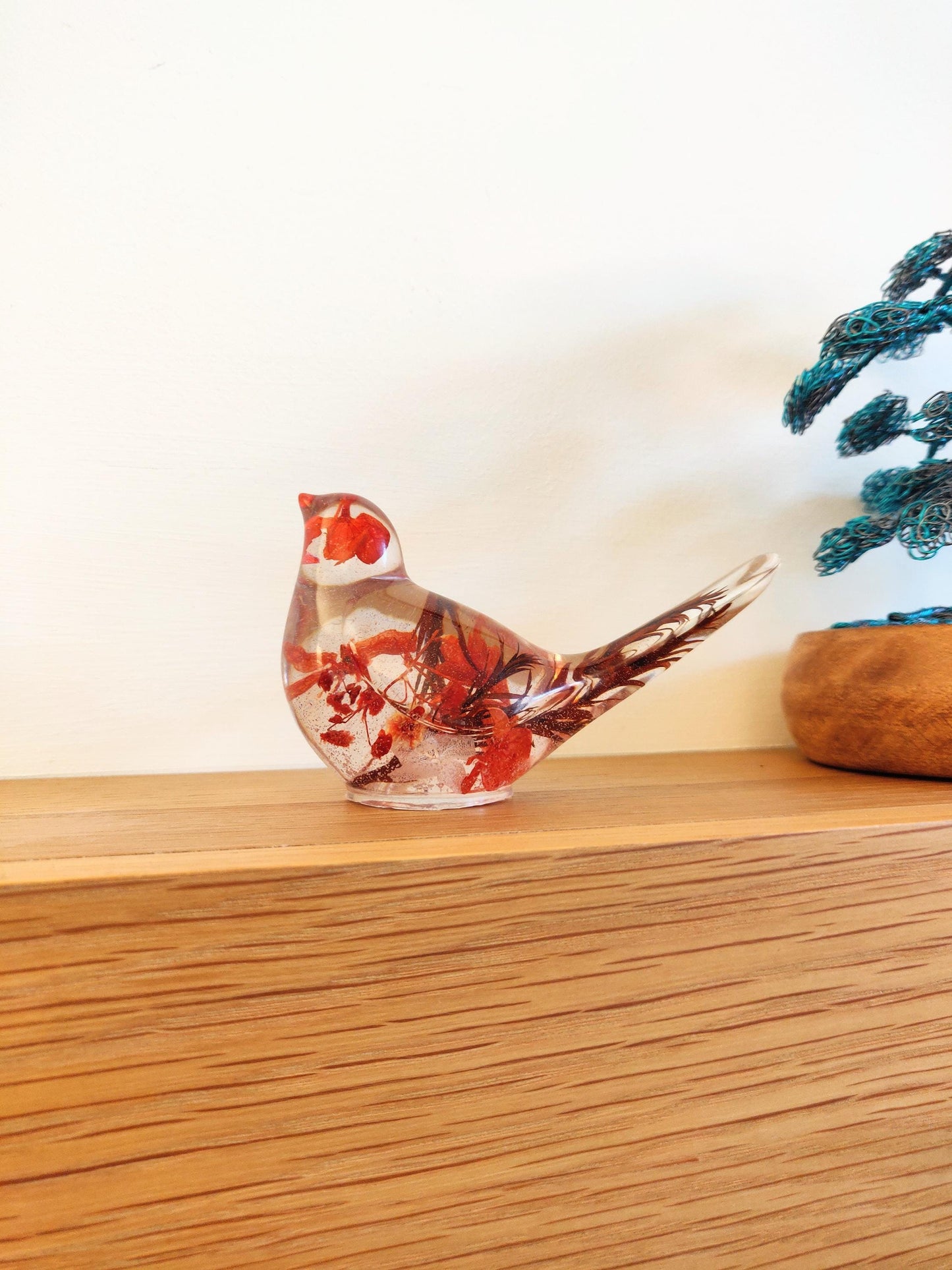 Resin Robin Ornament with Red Flowers, Shelf Sitter Decoration