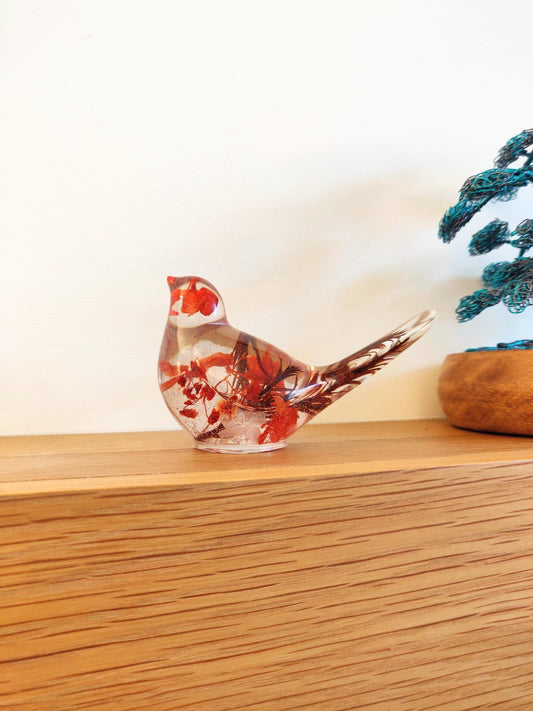 Resin Robin Ornament with Red Flowers, Shelf Sitter Decoration