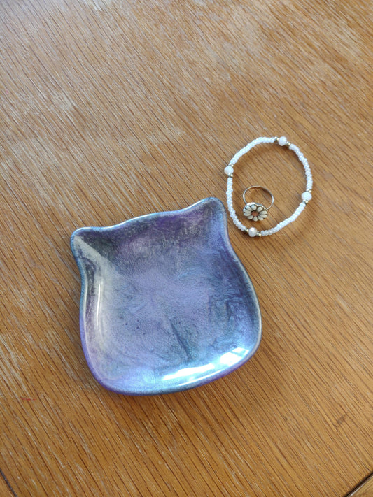 Purple Cat Trinket Dish, Handmade Resin Jewelry Tray, Cat Lover Gift