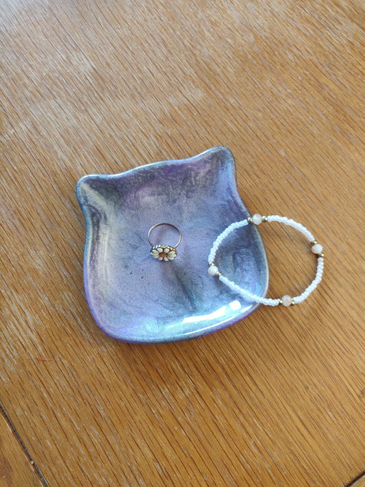Purple Cat Trinket Dish, Handmade Resin Jewelry Tray, Cat Lover Gift