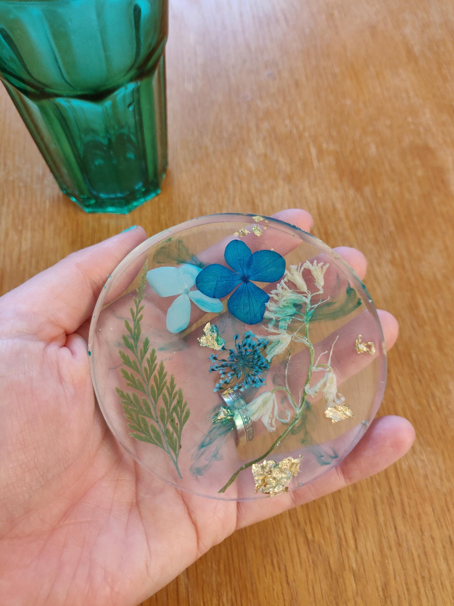 Handmade Floral Resin Coaster, Emerald Green and Blue Dried Flowers