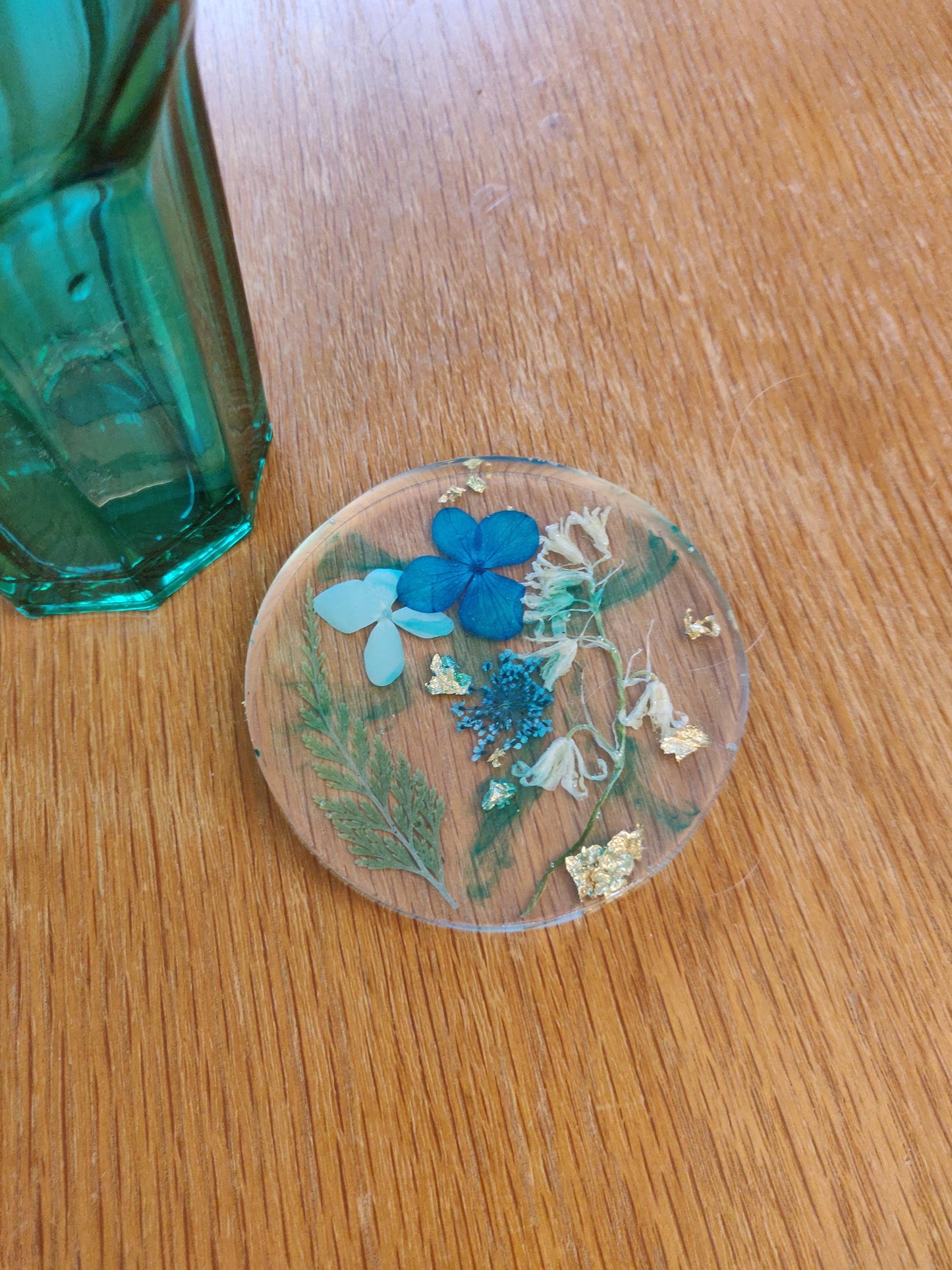 Handmade Floral Resin Coaster, Emerald Green and Blue Dried Flowers