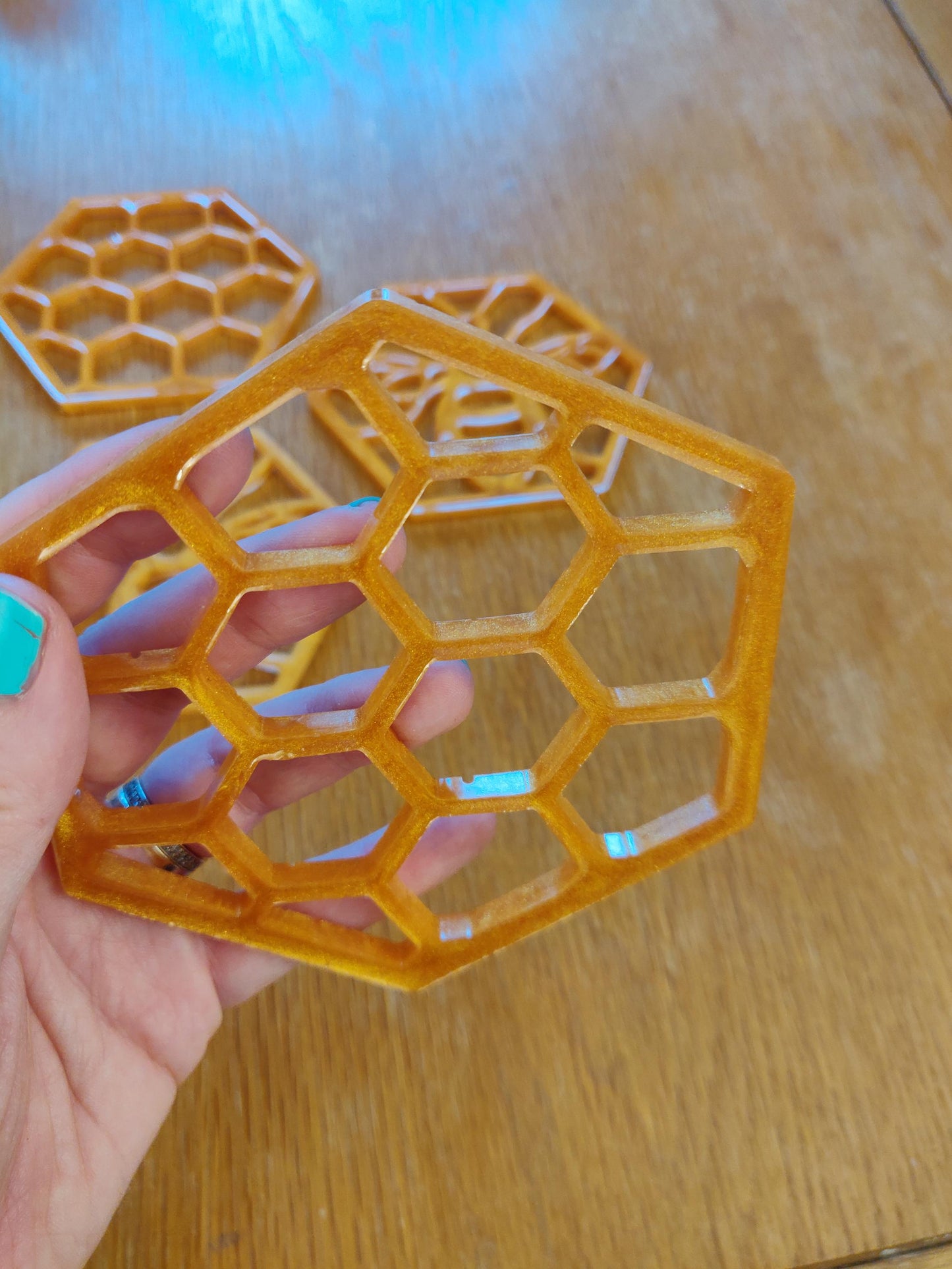 Golden Bee Epoxy Resin Coaster, Honeycomb Hexagon Decor