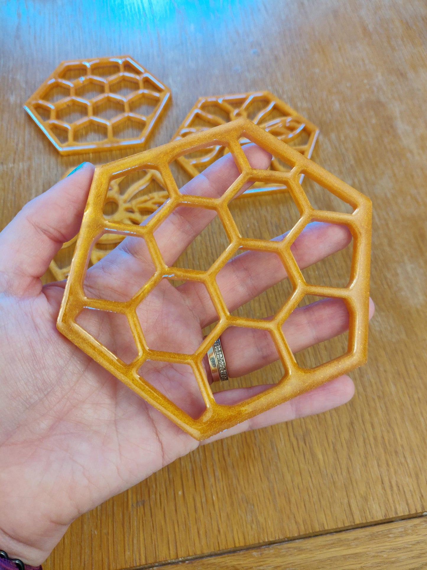 Golden Bee Epoxy Resin Coaster, Honeycomb Hexagon Decor