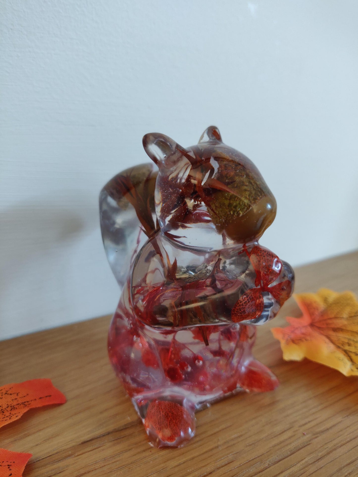 Handmade Red Floral Squirrel Figurine: Autumn Shelf Sitter