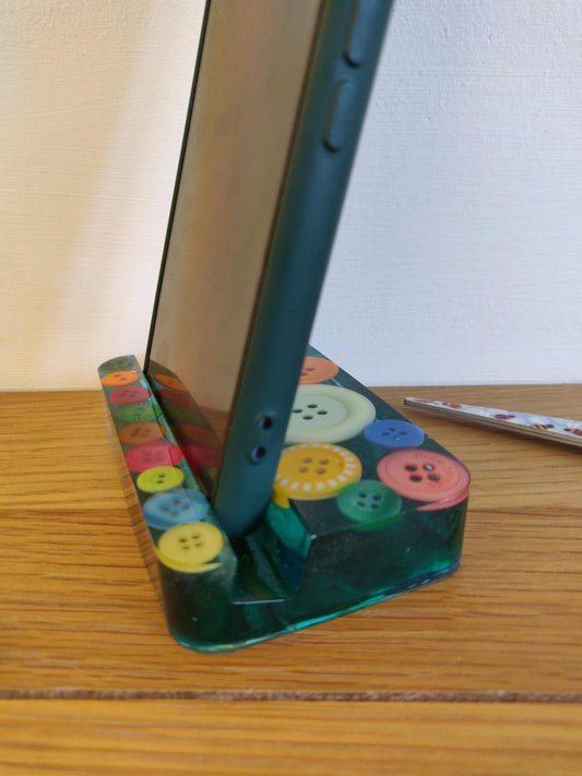 Handmade Button Phone Stand, Craft Lover Desk Decor, Emerald Green Base