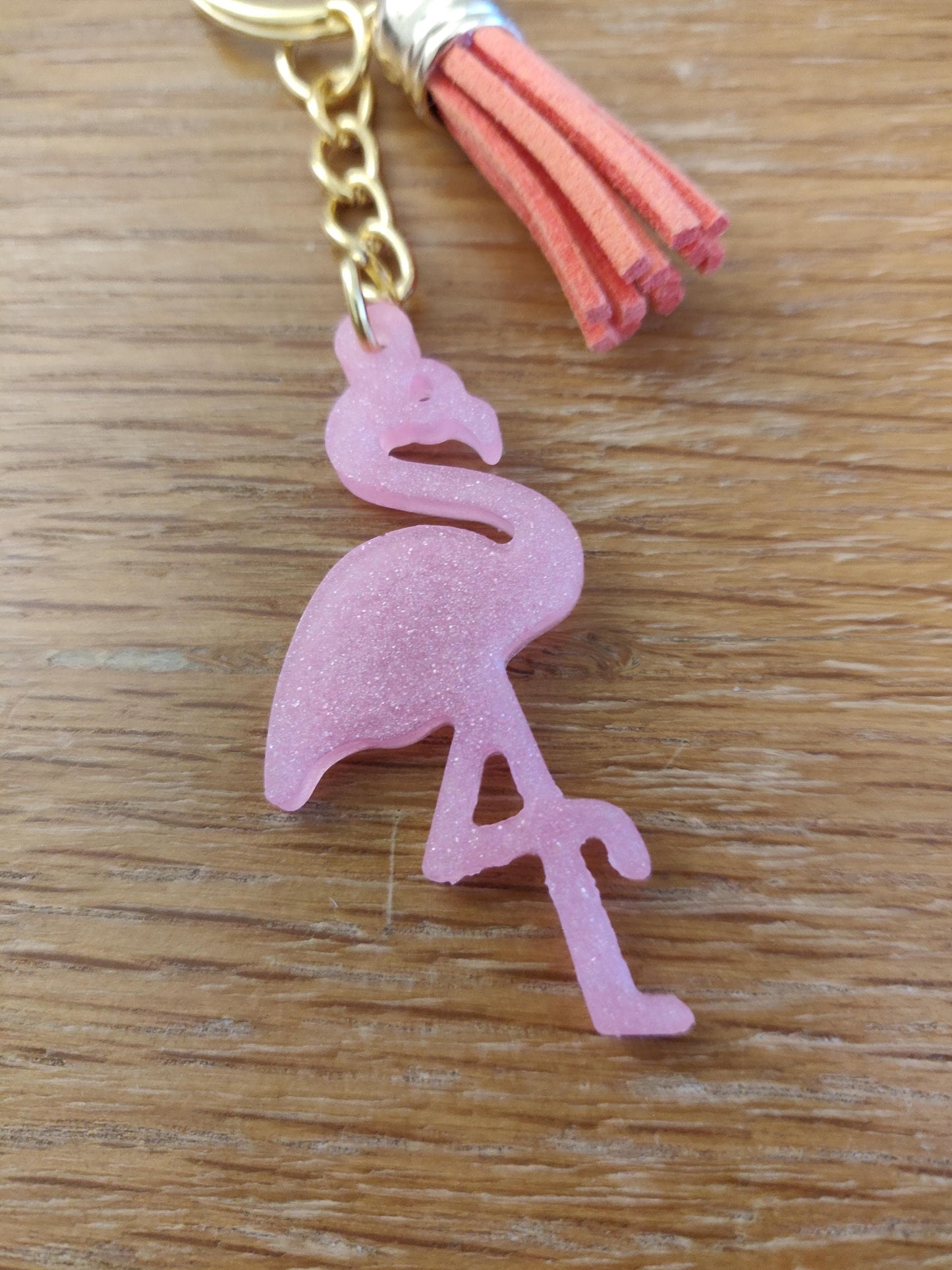 Pink Flamingo Resin Keychain, Bird Keyring with Tassel, Handmade Bag Charm