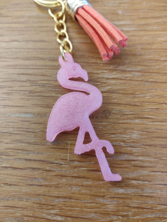 Pink Flamingo Resin Keychain, Bird Keyring with Tassel, Handmade Bag Charm