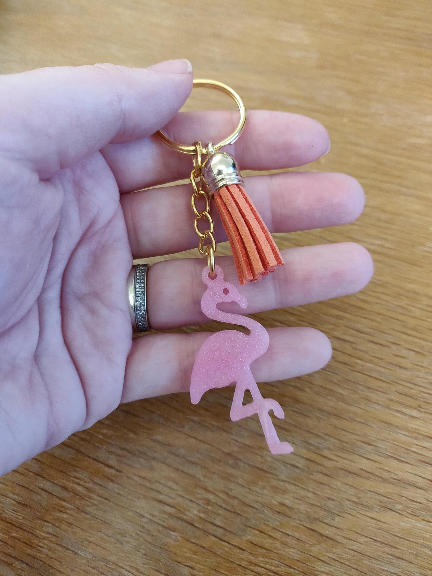 Pink Flamingo Resin Keychain, Bird Keyring with Tassel, Handmade Bag Charm