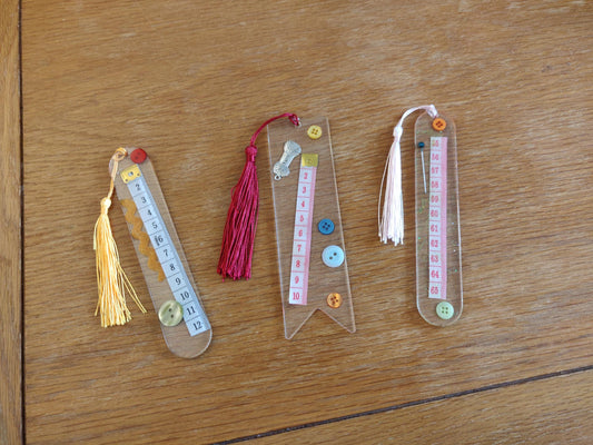 Resin Bookmark with Tape Measure, Buttons, and Tassel, Craft Lover Gift