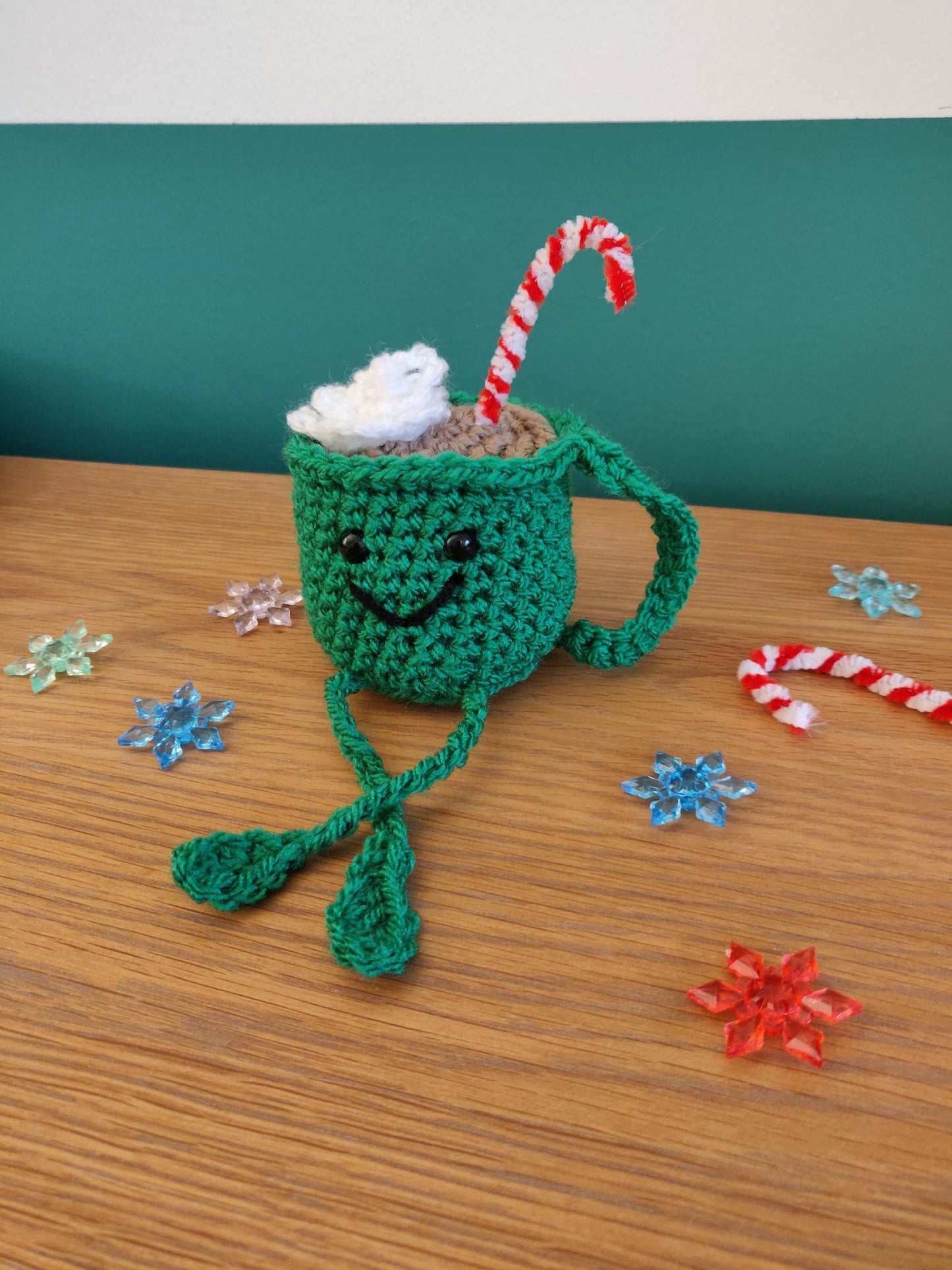 Crochet Hot Chocolate Mug Ornament, Candy Cane Christmas Decor