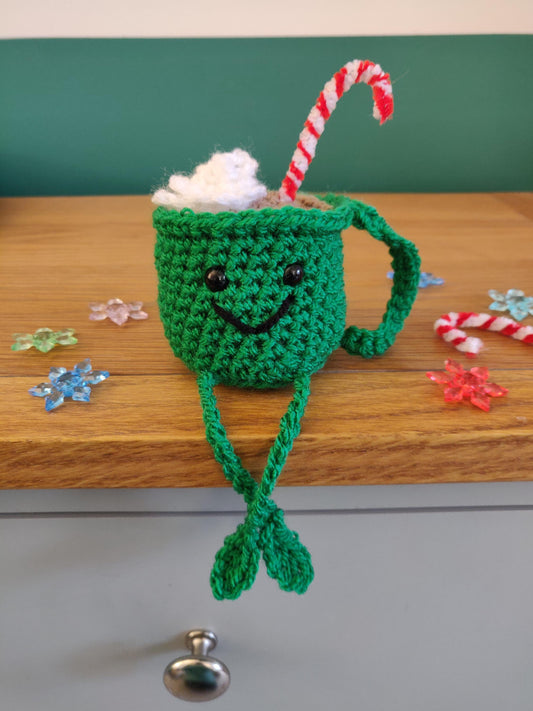 Crochet Hot Chocolate Mug Ornament, Candy Cane Christmas Decor