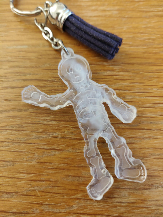 Skeleton Keychain, Halloween Keyring, White Resin Skeleton Decoration, Bag Charm, Black Tassel