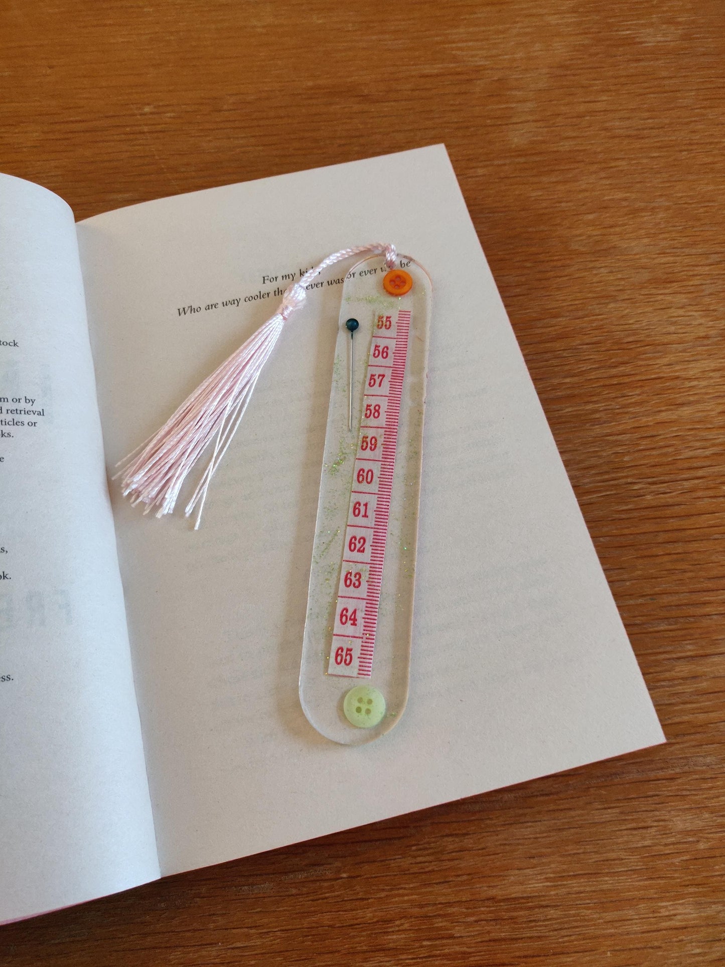 Resin Bookmark with Tape Measure, Buttons, and Tassel, Craft Lover Gift