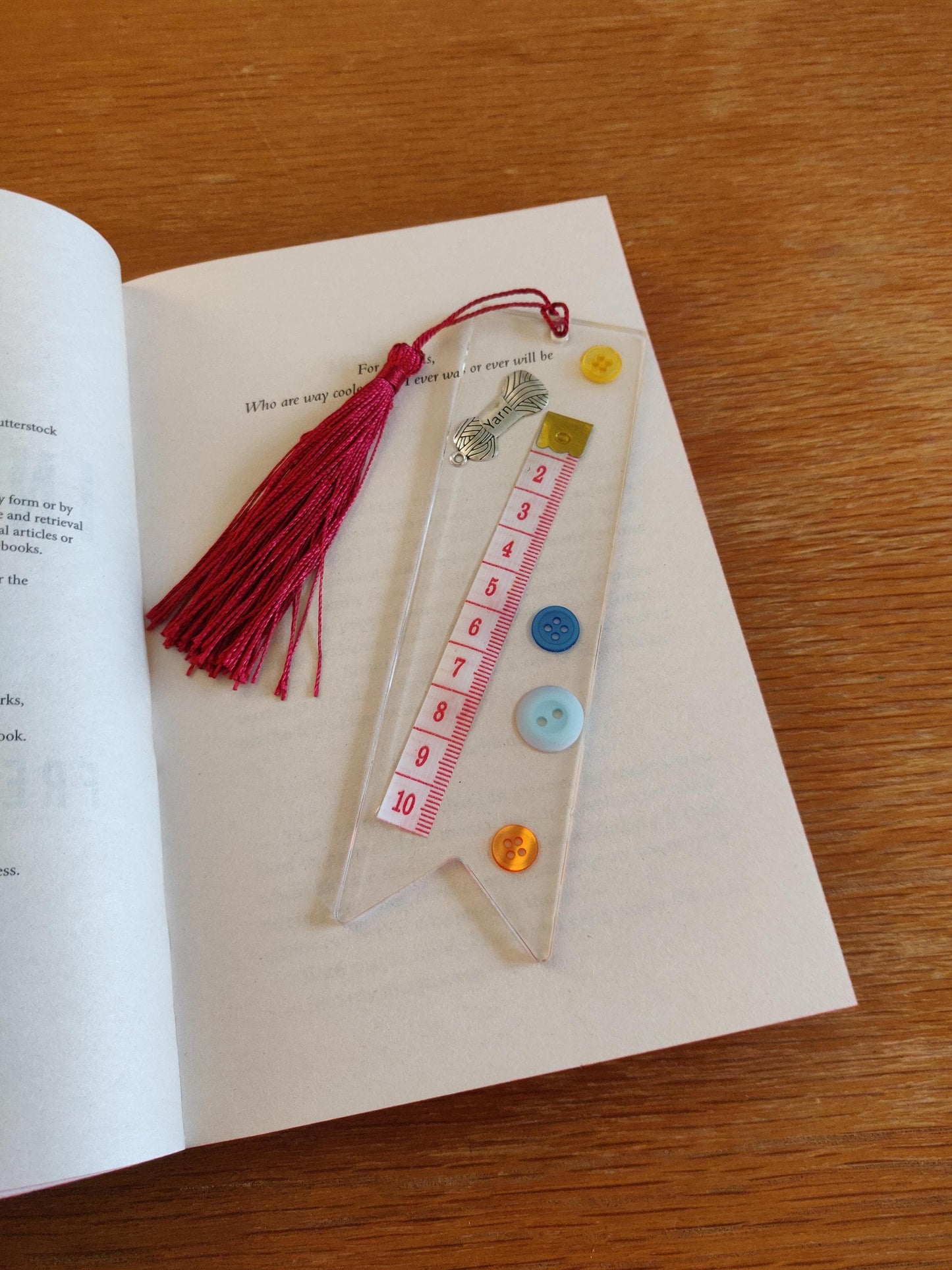 Resin Bookmark with Tape Measure, Buttons, and Tassel, Craft Lover Gift