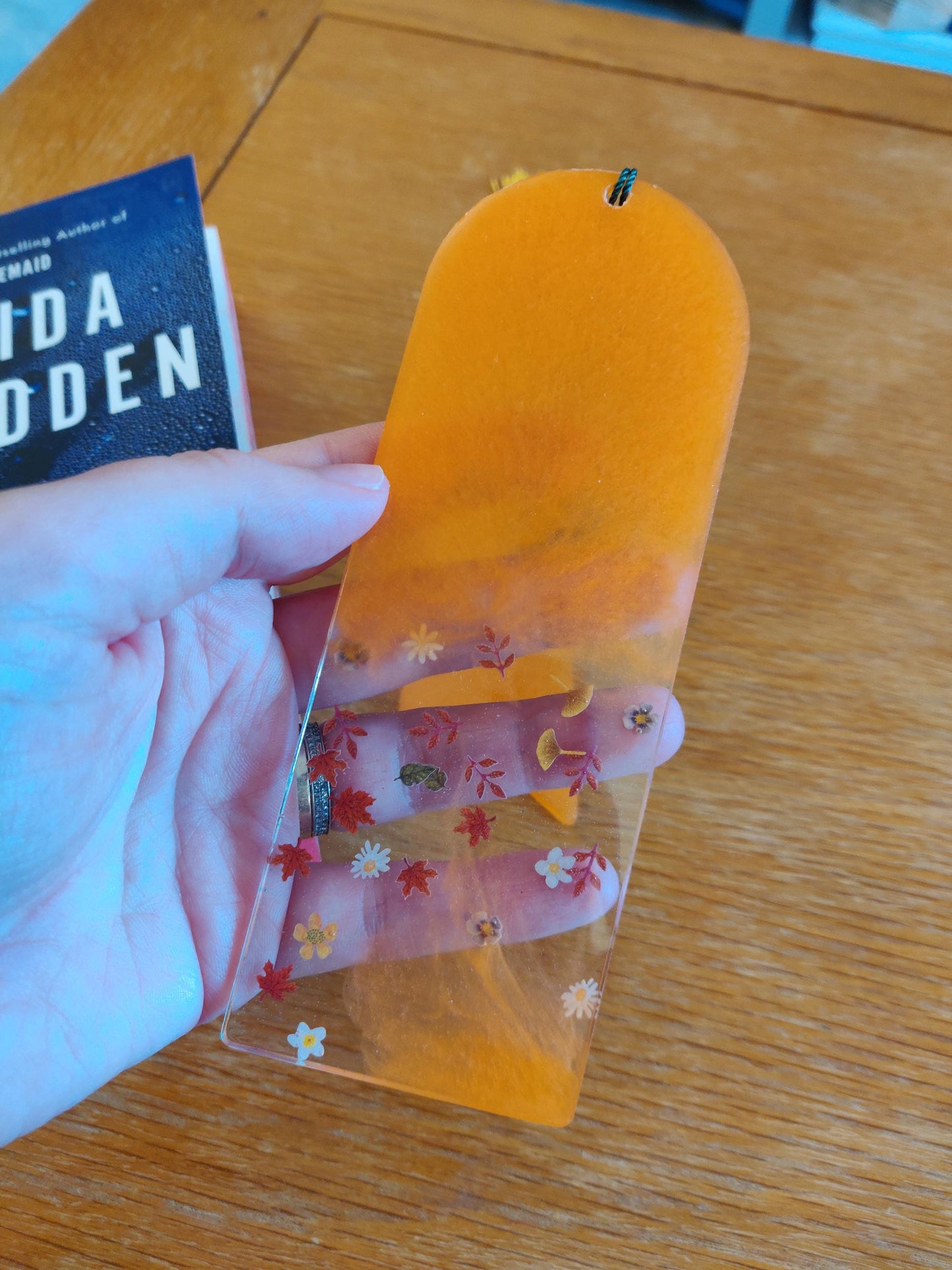 Resin Autumn Leaf Bookmark, Orange Tassel, Book Lover Gift