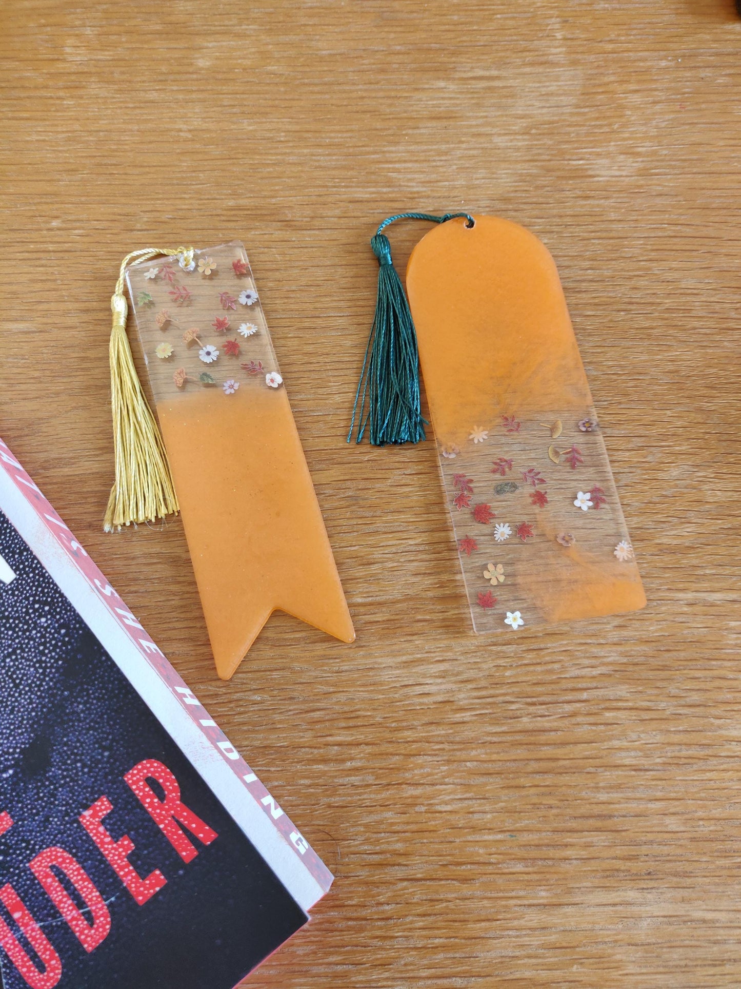 Resin Autumn Leaf Bookmark, Orange Tassel, Book Lover Gift