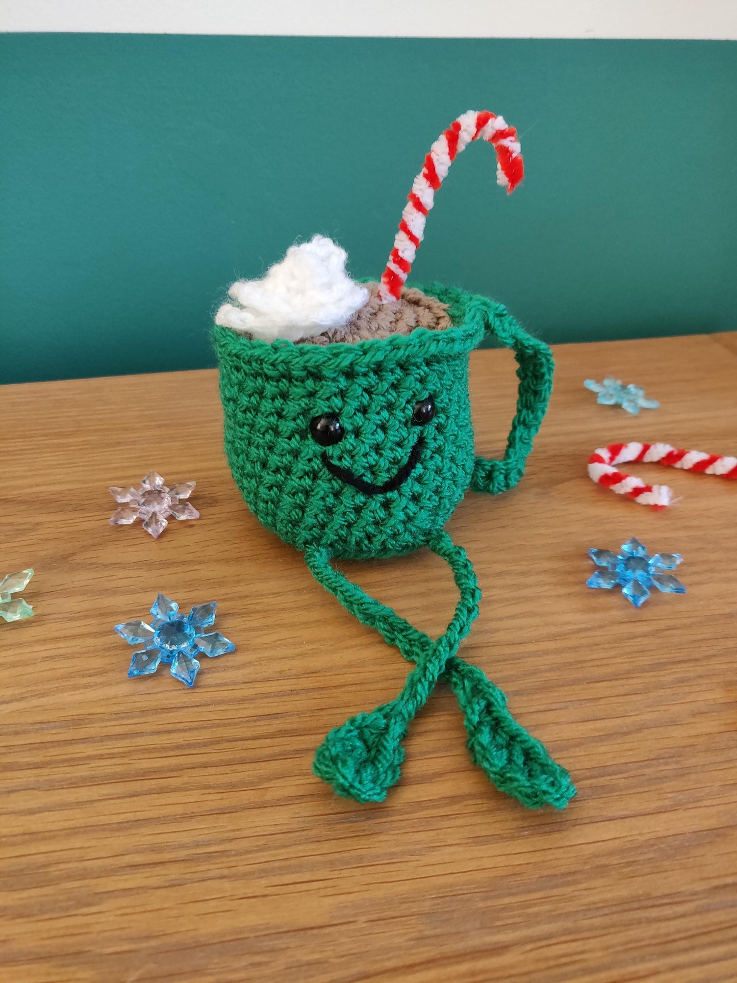 Crochet Hot Chocolate Mug Ornament, Candy Cane Christmas Decor