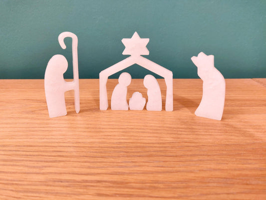 Pearl White Nativity Scene: Golden Angel, Mary, Joseph, Baby Jesus
