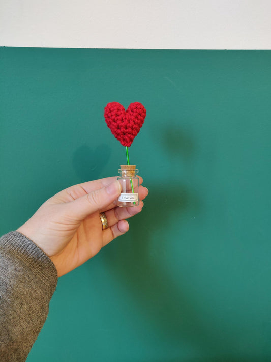 Mini Crochet Heart Flower, Custom Glass Vase, Valentine's Day Gift
