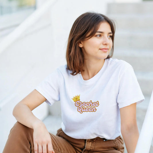 Crochet Queen T-Shirt | White Tee with Crown Design | Gift for Crocheters