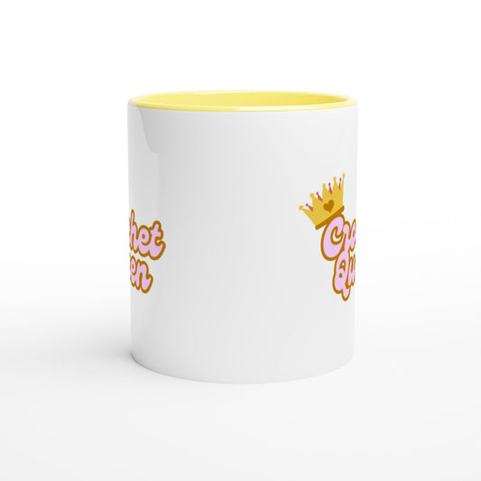 Crochet Queen Mug, Crochet Lovers Gift, Cup with Colour Inside Ceramic Yellow