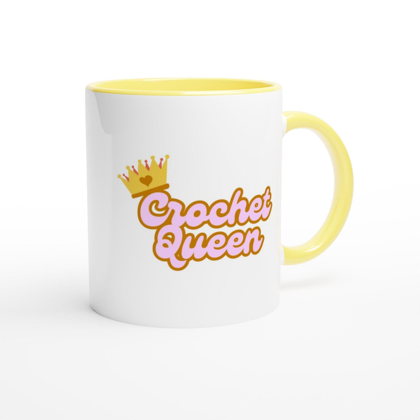 Crochet Queen Mug, Crochet Lovers Gift, Cup with Colour Inside Ceramic Yellow