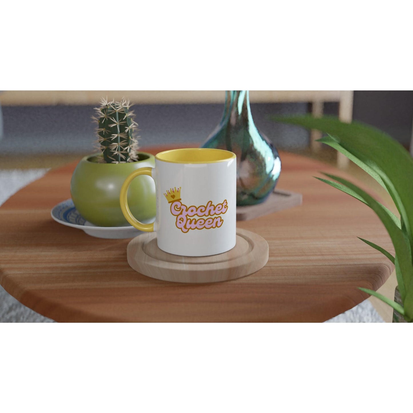 Crochet Queen Mug, Crochet Lovers Gift, Cup with Colour Inside Ceramic Yellow